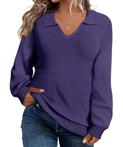 Image of CARCOS Plus Size Sweaters for Women Long Sleeve Pullover Sweaters Lapel Collared Vneck Knit Jumper Tops Fall Winter XL-5XL