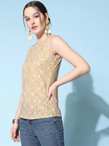 Image of Sleeveless Kurti for Women Pure Cotton Stylish Round Neck Printed Ethnic Short Kurti Jeans Top Casual Office