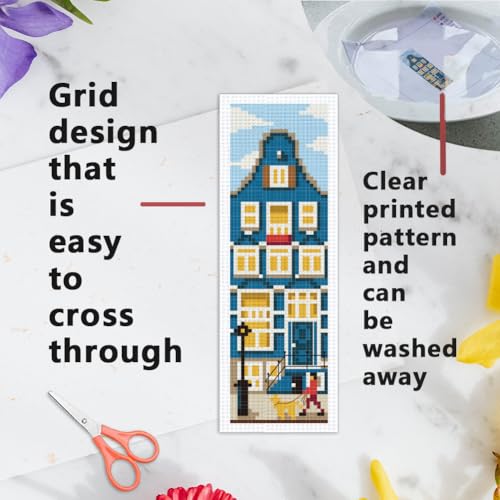 Image of INFUNLY 6 Set DIY Cross Stitch Bookmark Kit Building House Cross Stitch Kits 8 inchx2.4 inch Pre-Printed Architectural Stamped Embroidery Bookmark Kit with Instructions for Beginners Book Lovers Adults Gift
