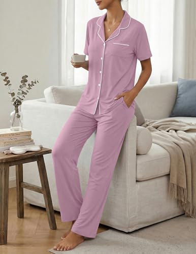 Image of ZMJ Womens Pajamas Sets 2 Piece Lounge Set Short Sleeve Shirt with Long Pant Pj Sets Button Down Sleepwear Outfits Bean Paste XS