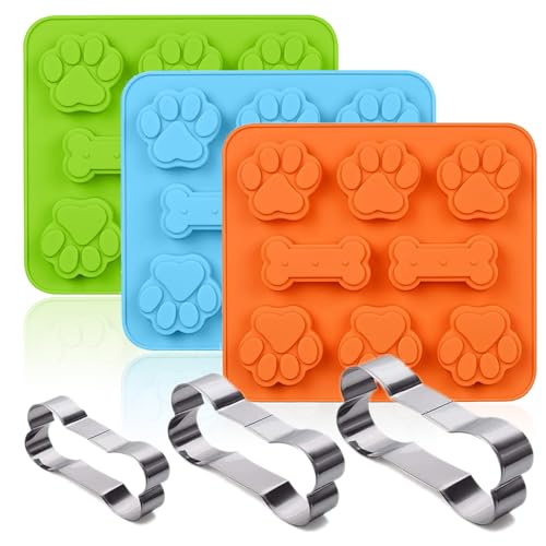 SAGOOITS Silicone Molds Puppy Dog Paw & Bone Shaped 2 in 1 and Stainless Steel Cookie Cutter,for Homemade Treats Cat Animal Ice Candy Chocolate Baking Mold(Blue&Green&Orange) (Blue&Green&Orange)