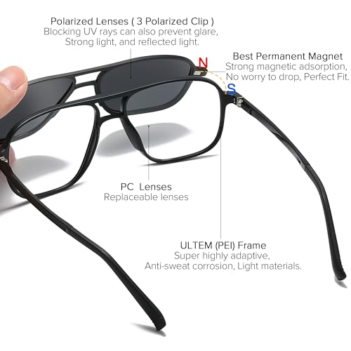 3 in 1 Polarized Magnetic Clip on Sunglasses for Eyeglasses Men Driving Black Square Aviator Optical Glasses Frame3