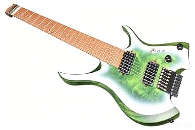 NKGuitar ZHW-7A 7-String Headless Electric Guitar, Solid ASH Body, green color,A wedge neck joint,5-Piece Flame Maple & Wenge neck,Electric Guitar for Metal & Rock Players