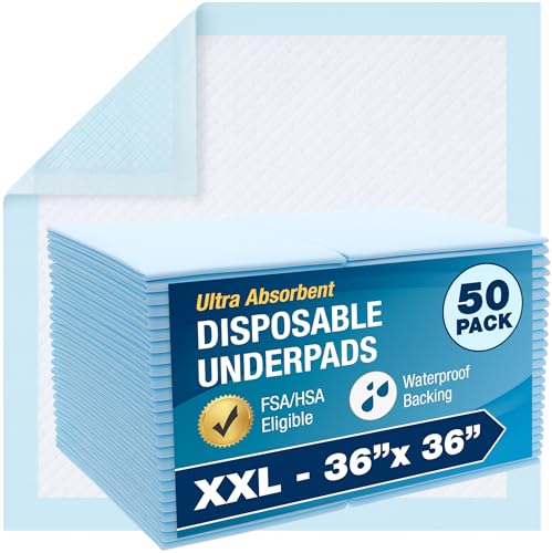 Image of DMI Extra Large 36" x 36", 50 Count, Ultra Protective Incontinence Bed Pads for Women and Men, Elderly, Kids Bed Wetting, Absorbent Chucks, Furniture Protection, FSA/HSA