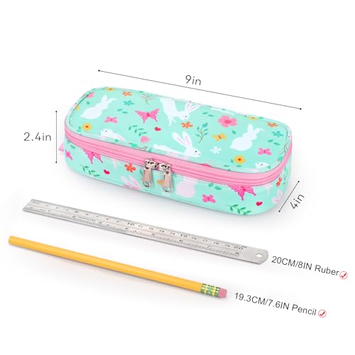 Image of mibasies Girls Pencil Case for Kids, Multi-Slot Pencil Pouch, Rabbit Green