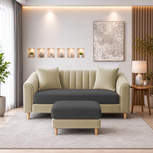 Image of Doraldo 2 Seater Sofa Set with Ottoman for Living Room (Cream Black) Premium Fabric Sofa