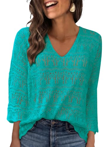 Image of UNCLECAT Womens Crochet Boho Tops Summer 3 /4 Sleeve Lightweight Cover Up Sweater Cruise Outfits 2026 Resort Wear Green