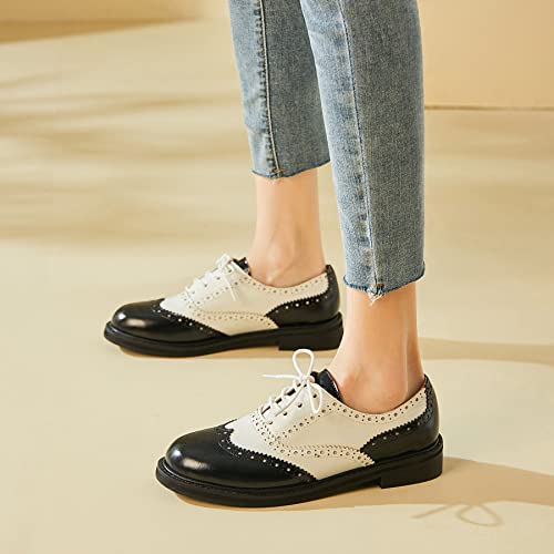 Shemee Women's Vintage Wingtip Lace Up Two Tone Oxfords Pumps Flat Low Heels Round Toe Retro Brogue Dress Shoes(Black-White, Us 7) #TOP3