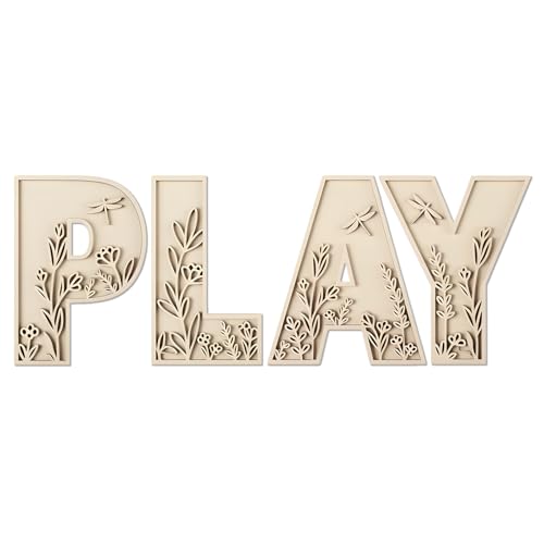 Mifoci 12 Inch Play Sign Wooden Letters Floral Playroom Sign Flowered Paintable Nursery Letters Play Room Wall Decor for Nursery Room Home Classroom Wall Art Craft