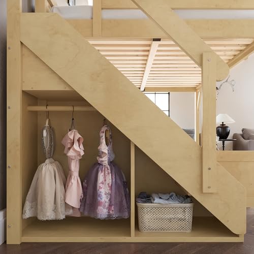 Image of KEIKI Solid Wood Queen Size Loft Bed Frame with Stairs, Built-in Wardrobe and Storage Space, Queen Loft Bed with Shelves, Queen-Length Guardrails, No Box Spring Needed for Bedroom, Natural