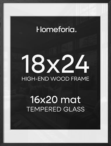 Image of Homeforia Black Wooden Frame 18x24, High End Oak 18x24 Wood Picture Frames with Mat 16x20 Photo, 18 x 24 Poster Frame Matted to 16 by 20 Print, 24x18 Hanging Frames, Tempered Glass, Wall Kit, Set of 1