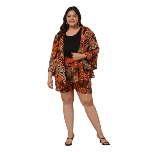 Image of DEEBACO Women's Leaf Print Rayon Thigh Length Shrug with Shorts|V-Neck|Cord Set for Women Fashion|Jumpsuits Western Dress for Women Stylish|Two Piece Co ord Set|Party Casual Wear(Multicolor)