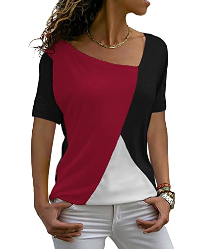 Sarin Mathews Womens Shirts Casual Tee Shirts Short Sleeve Patchwork Color Block Loose Fits Tunic Tops Blouses Burgundy+Black L
