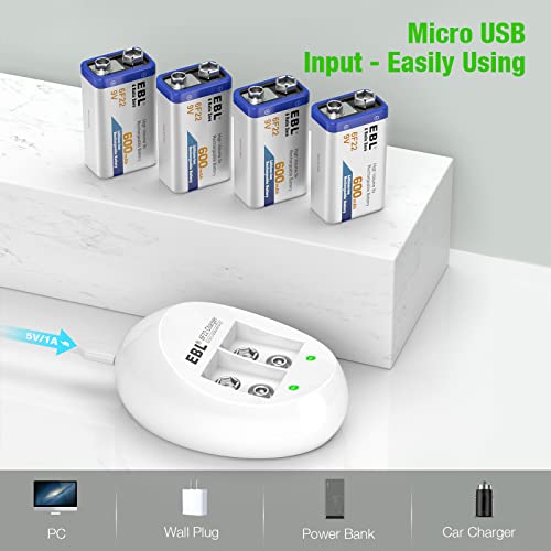 Ebl 4-Pack 9V Batteries Li-Ion 9 Volt Rechargeable Batteries With 9V Battery Charger #TOP5