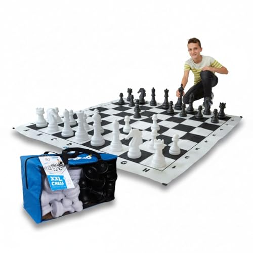 alldoro 60080 - Garten Schach, Outdoor Schachspiel, Gartenschach mit 32 Schachfiguren, Riesenschach mit Tragetasche, große Garden Matte mit Schachbrett Muster, für Kinder ab 3 Jahre und Erwachsene