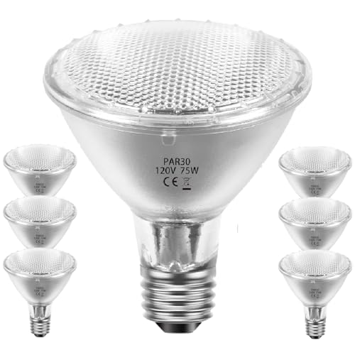 75W Par30 Halogen Flood Light Bulbs 120V,Par30 Long Neck Halogen Bulbs E26 Base,Dimmable 2700K Warm White Halogen Light Bulb 6 Pack for 5-6in Recessed/Ceiling Cans/Accent/Tracking Lighting