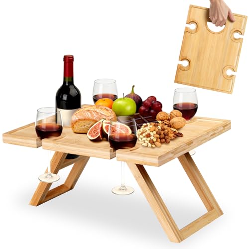 MISTOD Portable Picnic Table Folding Wine Picnic Table with 5 Wine Glasses Holder Small Champagne Snack Cheese Table for Camping Beach Park
