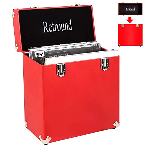 Retround Vintage Retro Vinyl leather Record Holder Case, LP Storage Carrying Case For 78 rpm, 45 rpm, 33 rpm Standard Vinyl Records Collections Storage Organizer Display Box-12 Inch (Red)