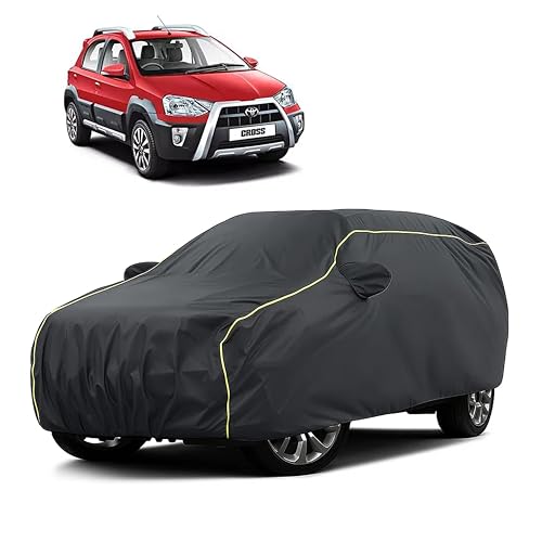 Image of Sulfar 100% Water Resistant Car Body Cover Compatible with Mirror for Toyota Etios Cross (Triple Stitched, Full Bottom Elastic, Dark Grey Taffeta with Yellow Piping)