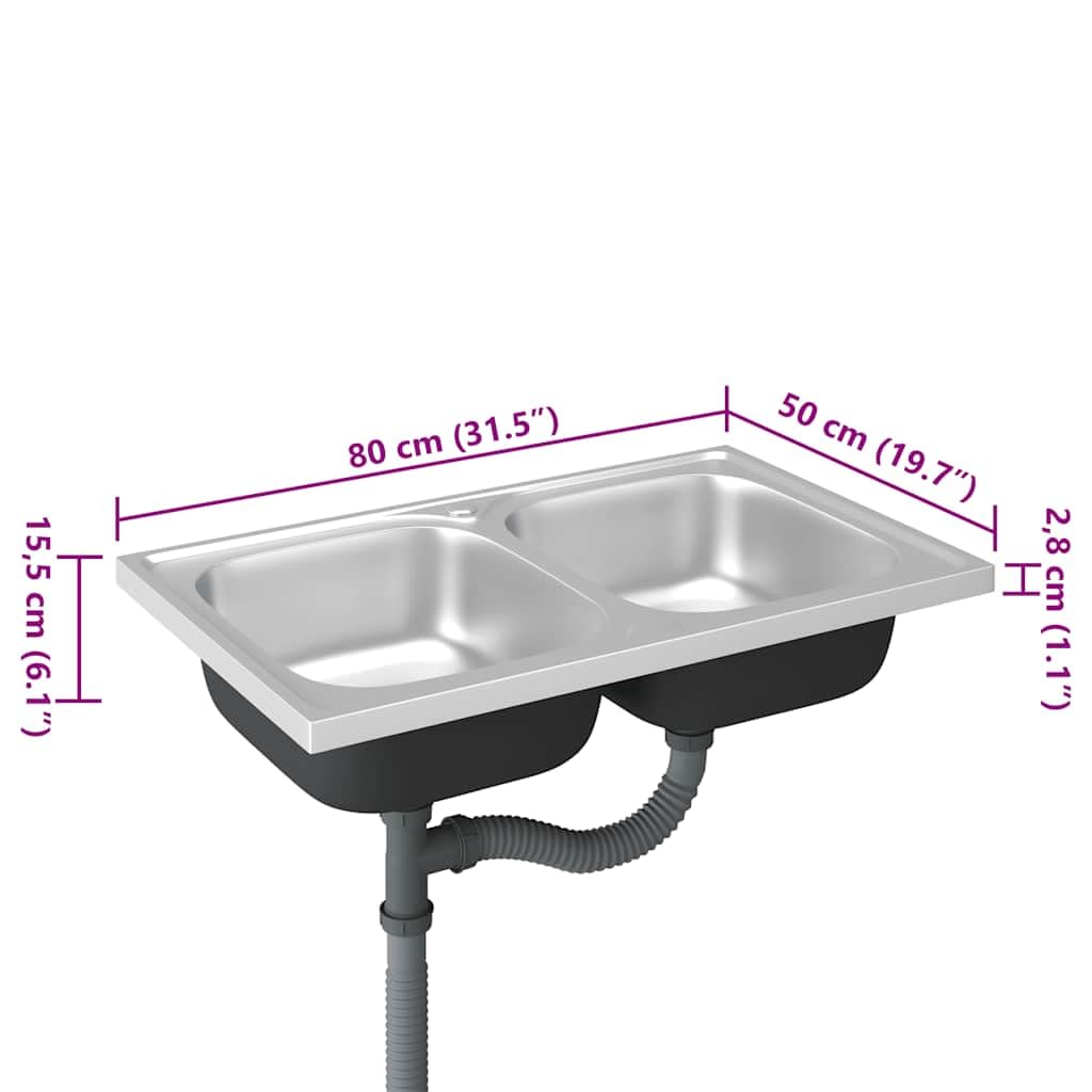 vidaXL Fregadero de Cocina Doble Seno, Pila Encima de Armario, Pileta de Cocina Superior, Lavabo Decorativo para Hogar, Acero Inoxidable