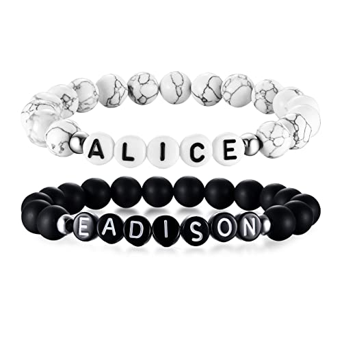 Custom Name Couple Bracelets : His And Hers Handmade Personalized Initial Name Alphabet Word Letter Black And White Gemstone Beads Stretch Link Bracelet, Couple Gift For Valentine Day Christmas #TOP12