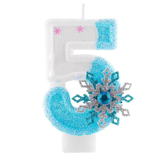 Yiran Vela de cumpleaños número 5 de Frozen para niñas – Vela número 5 con destellos, tema azul de Frozen con purpurina y deslumbrante decoración de copo de nieve – Vela decorativa para tarta de 5º