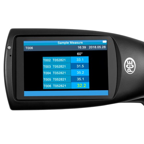 Primo piano dello schermo del Lustre Tester PCE-PGM 60 che visualizza i dati di misurazione