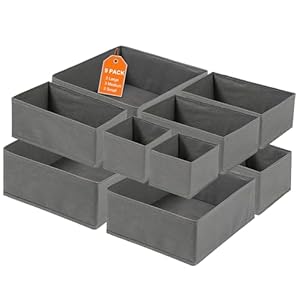 9 Pack Drawer Organisers for Clothes, Underwear Drawer Divider, Dresser Organizer Bins, Foldable Fabric Storage Box for Socks Bras Ties Scarves, Wardrobe Closet Storage Cubes – Grey