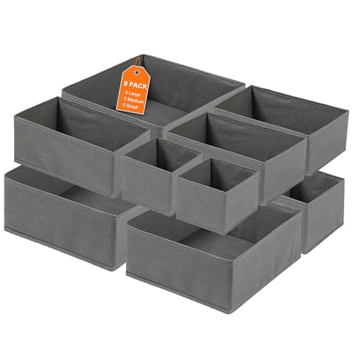 9 Pack Drawer Organisers for Clothes, Underwear Drawer Divider, Dresser Organizer Bins, Foldable Fabric Storage Box for Socks Bras Ties Scarves, Wardrobe Closet Storage Cubes - Grey