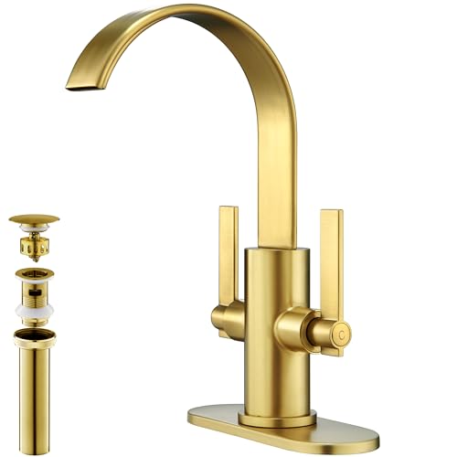 Brushed Gold Bathroom Faucet for Bathroom Sink 1Hole or 3 Hole，high-arc 360° Swivel spout for Vanity Sink with Metal Pop-Up Drain & Supply Lines