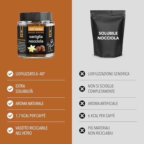 King Cup - 1 Glas à 50 Gr, löslicher Kaffee mit Vanille und Haselnuss, Sofort aromatisierter Kaffee mit extra Löslichkeit, Ideal für Frühstück, Brunch, Iced Coffee, Glutenfrei, Vegan