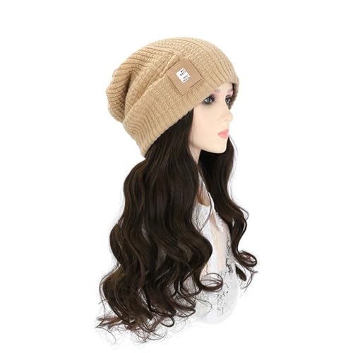 WUODHTW Women Beanie Hats Knit hat Wig with19.6Inch Long Wavy Curly Hair Extensions Winter Warm Knit Hat Wig（Two Wearing Methods）