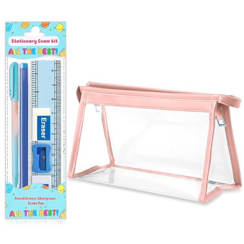 Image of GLUN Pink Transparent Zipper Pouch with inchAll The Best inch Stationery Kit Includes Scale, Pencil, Eraser, Sharpener & Pen Set for School Students