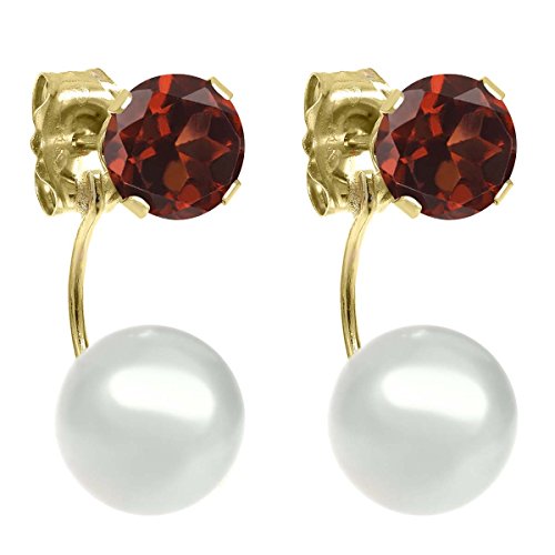 Gem Stone King 14K Yellow Gold Jacket Earrings with 5MM Red Garnet and 6MM Cultured Freshwater Pearl for Women | 1.10 Cttw
