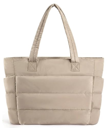 Image of Tote Bag for Women, Lightweight Puffy Quilted Shoulder Bag with Multiple Compartments, Travel Work Gym, Everyday Tote | Lightweight, Puffy Quilted, Multi-Compartment, Versatile, Comfortable (Khaki)