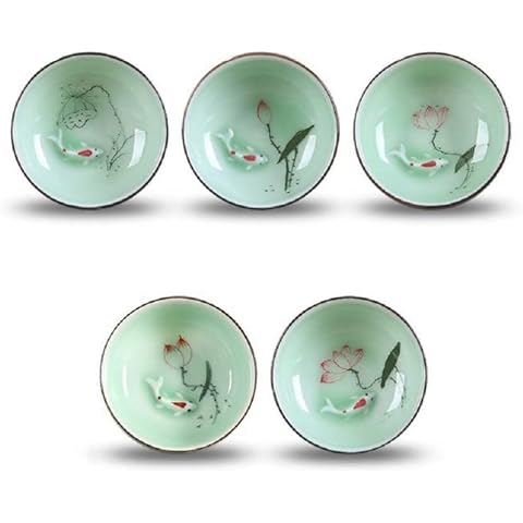Hotumn Porcelain Tea Set Ceramic Kungfu Tea, Lotus & Fishes Pattern Chinese Teacup Gift for Travel, Home, Outdoor, and Office, Set of 5 Cover