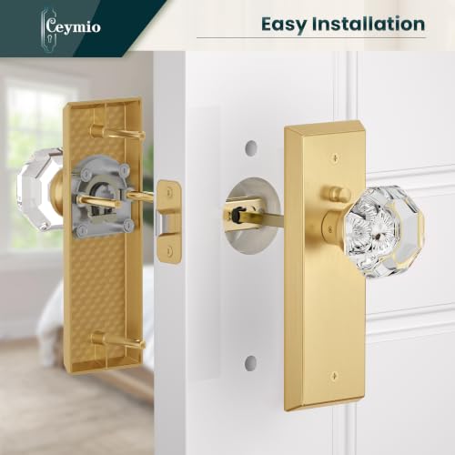 Image of Antique Crystal Privacy Door Knobs Interior with Lock, Brushed Gold