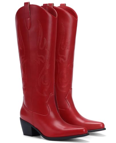 Image of Pasuot Western Cowboy Boots for Women - Knee High Wide Calf Cowgirl Boots, Slip On Pointed Toe Chunky Heel Fashion Retro Classic Pull On Tall Boot for ladies Party concert