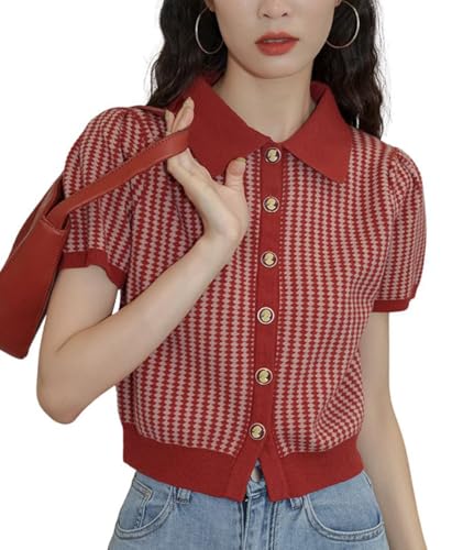CHARTOU Women Short Sleeve Sweater Polo Collar Button Down Diamond Crop Shirt Cardigan