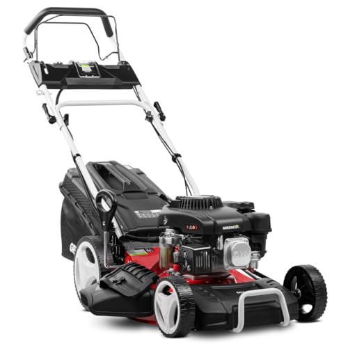 GREENCUT GLM770XE - Cortacésped Gasolina 150cc 6cv, Arranque eléctrico Motor 4T autopropulsado, Cuchilla Doble Filo 460mm 18', Corte Regulable, Cesta 55L, para Jardines Grandes o medianos 1400m2