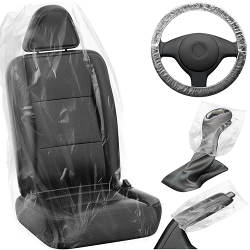 MYFAMIREA 250 PCS Disposable Car Seat Covers Clear Plastic Vehicle Seat Protector Set with Steering Wheel Gear Shift and Handbrake Covers Universal for Cars Auto Truck Bus Airplane