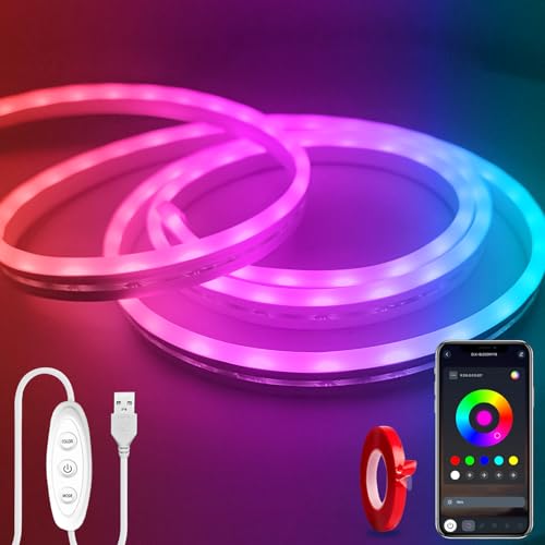 Yeewhale LED Neon Lights，6.6ft USB Powered LED Strip Lights，5V Music Sync Color Changed Rope Light with APP Control，IP65 Waterproof RGB Rope Lights for Bedroom，Cabinet,Kitchen (with Adhesive Backing)
