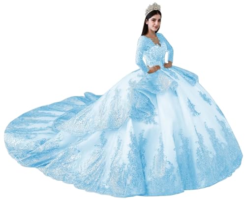 XYAYE Gorgeous Sky Blue Long Ball Gowns Princess Beaded 15 Dresses for Quinceanera Puffy Tulle Vestido de 15 años with Sleeves Size 14