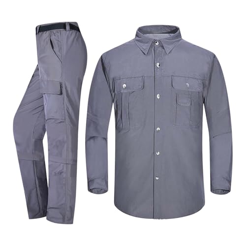 Men 2 Piece Outfits Long Sleeve Button Down Cargo Shirt and Convertible Zip Off Pants Sets Military Tactical Suit Set