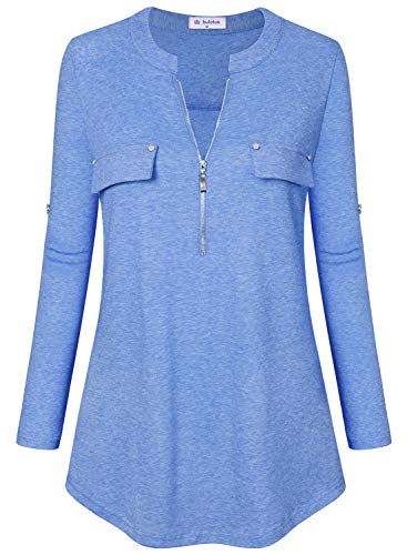 Image of Bulotus 3 /4 Length Sleeve Womens Striped Tops Zipper V Neck Collared Blouses Business Casual Tunics 2026 Spring Trendy