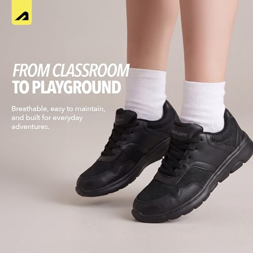 Image of Boldfit School Shoes Black for Boys & Girls Lightweight EVA Sole Breathable Mesh & PVC Upper Anti-Skid Velcro & Lace Closure Uniform Footwear for Kids Comfortable School Shoes