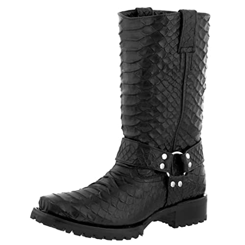 Texas Legacy Mens Black Motorcycle Leather Boots Cowboy Snake Python Print