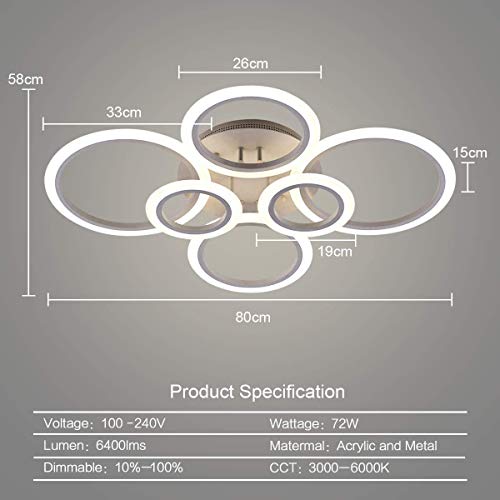 Ouqi Led Ceiling Light,Vander Life 72W Led Ceiling Lamp 6400Lm White 6 Rings Lighting Fixture For Living Room,Bedroom,Dining Room,Dimmable Remote Control,3 Color… #TOP3