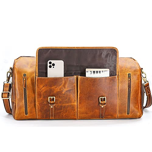 KomalC 24 Inch Leather Duffel Bags for Men and Women Full Grain Leather Travel Overnight Weekend Leather Bags Sports Gym Duffel for Men