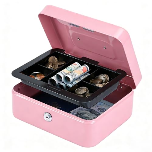 Image of Kyodoled Medium Cash Box with Money Tray,Small Safe Lock Box with Key,Cash Drawer,7.87 inchx 6.30 inchx 3.54 inch Pink Medium
